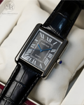 Luxury Tank Style Quartz Watch – Black Leather Strap, Roman Dial