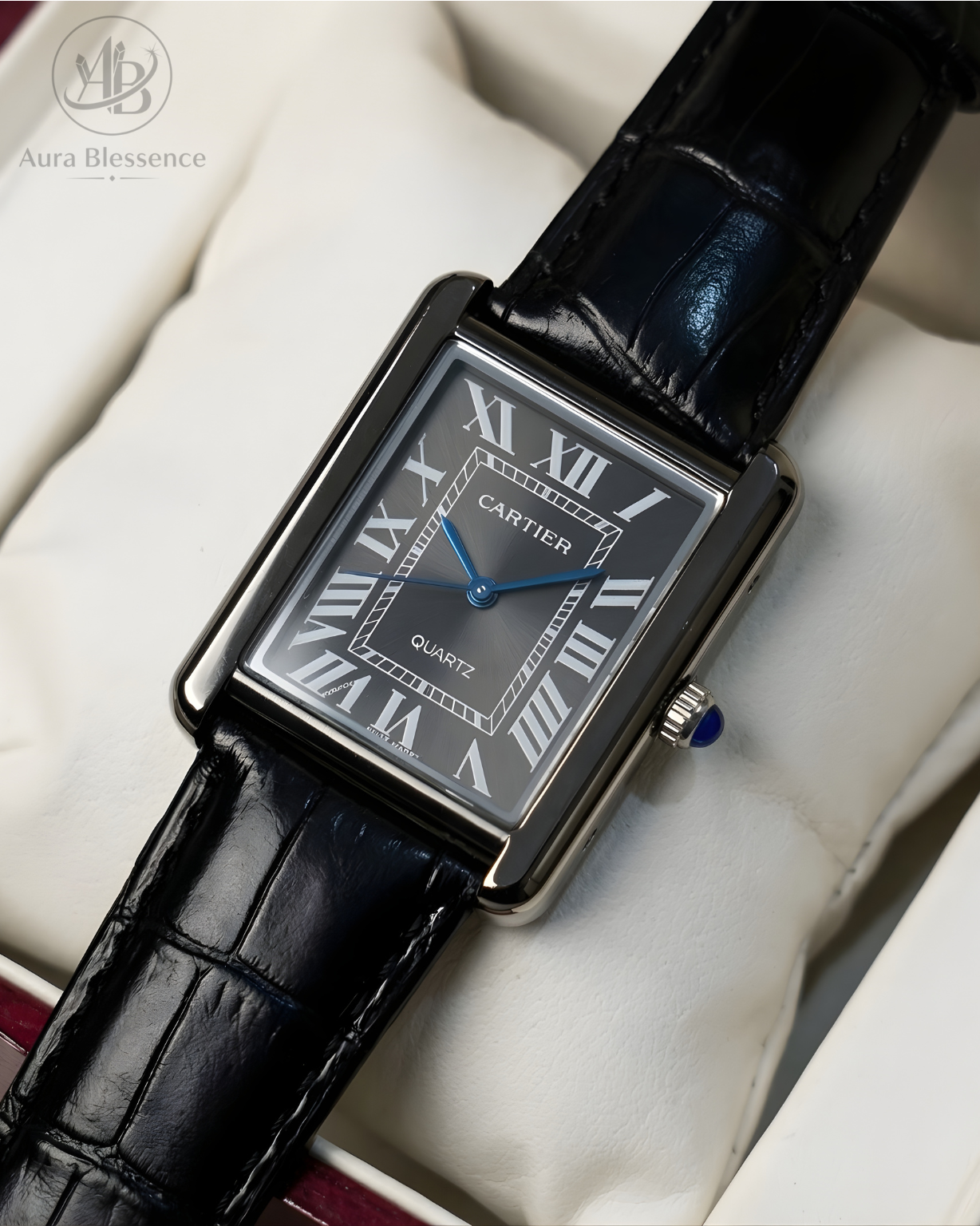 Luxury Tank Style Quartz Watch – Black Leather Strap, Roman Dial