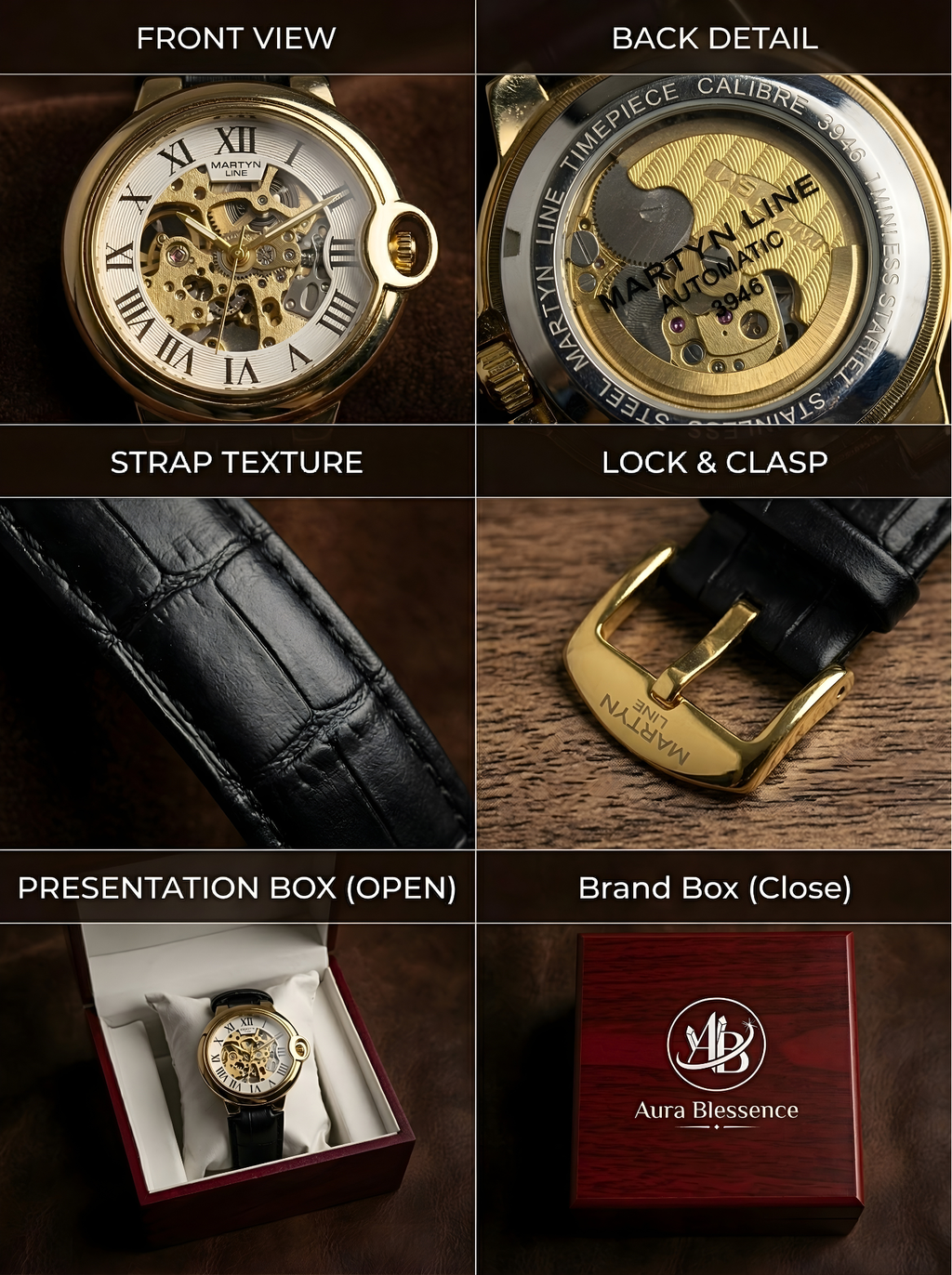 Luxury Mechanical Gold Skeleton Watch with Genuine Alligator Leather & Premium Wood Box