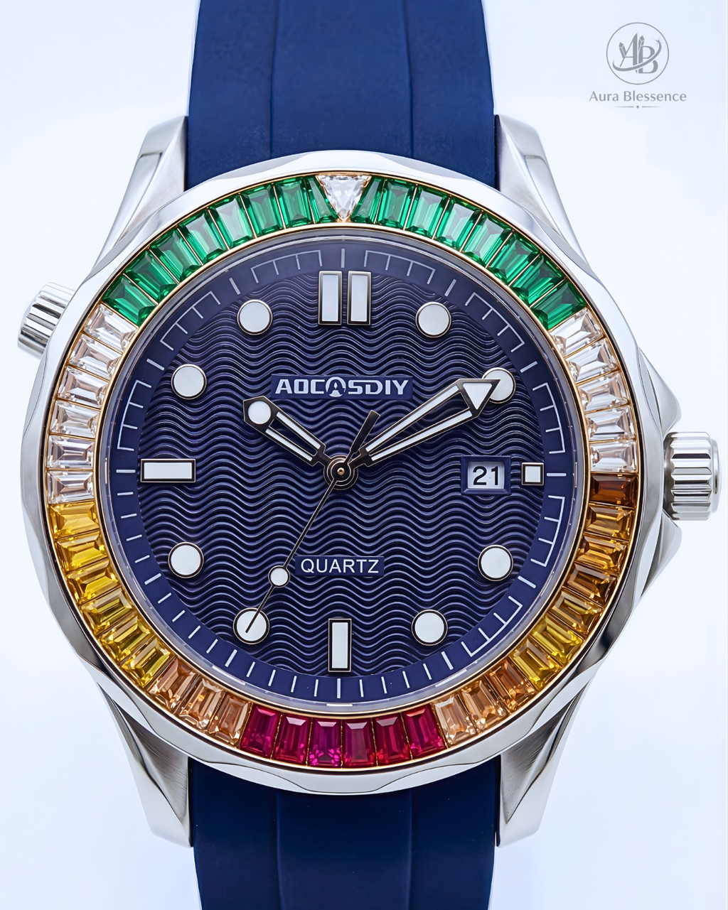 AOCASDIY Luxury "Rainbow Edition" Quartz Watch – Baguette-Cut Gemstone Bezel & Deep Navy Wave Dial