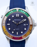 AOCASDIY Luxury "Rainbow Edition" Quartz Watch – Baguette-Cut Gemstone Bezel & Deep Navy Wave Dial