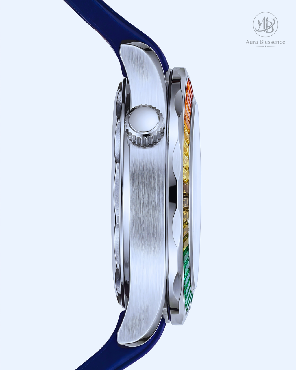 AOCASDIY Luxury "Rainbow Edition" Quartz Watch – Baguette-Cut Gemstone Bezel & Deep Navy Wave Dial