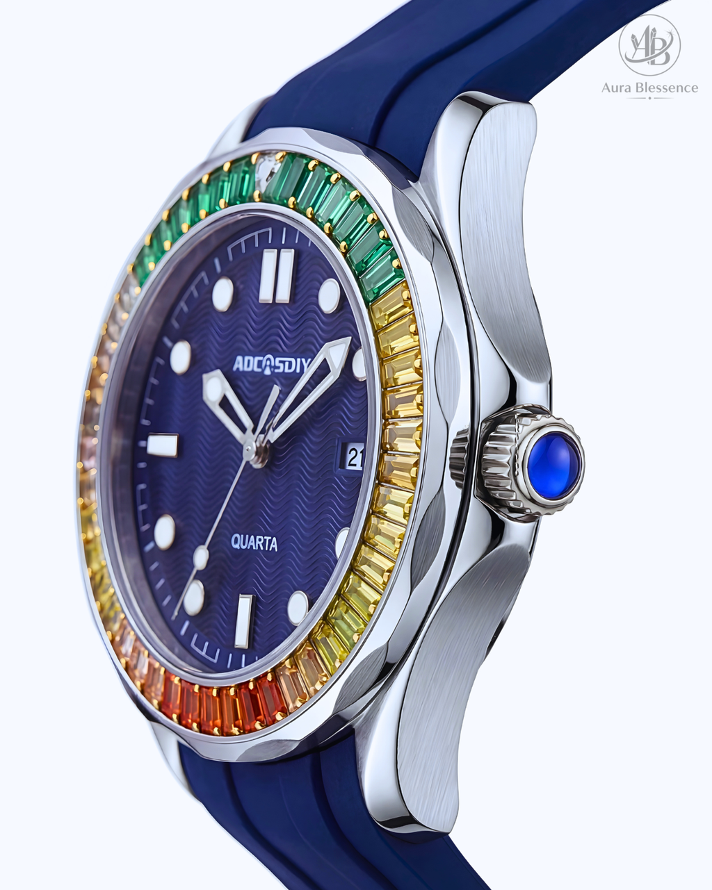 AOCASDIY Luxury "Rainbow Edition" Quartz Watch – Baguette-Cut Gemstone Bezel & Deep Navy Wave Dial