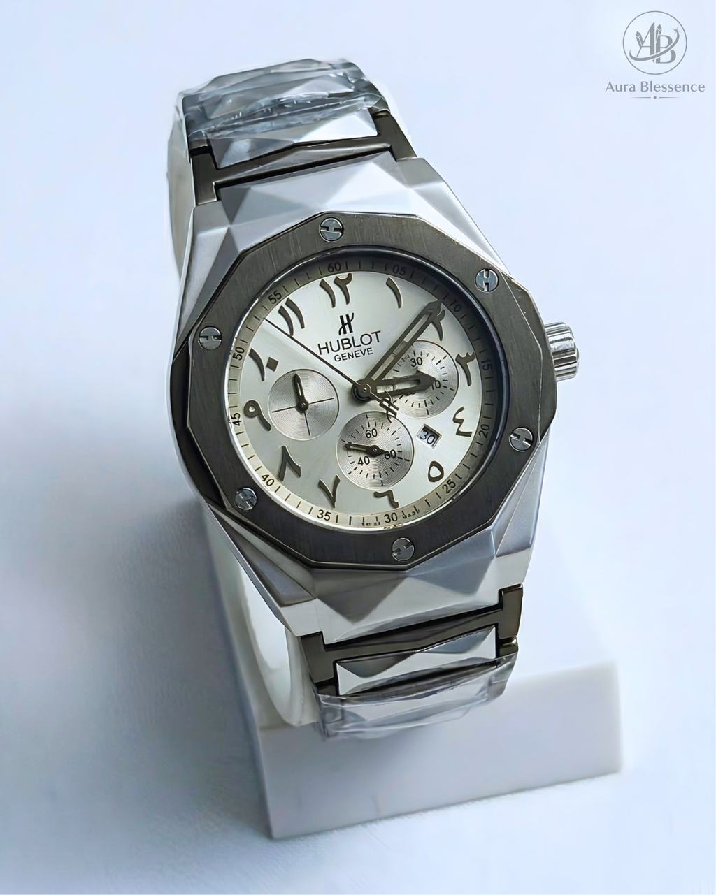 Hublot Style Heavy Weight Luxury Watch – Silver Stainless Steel with Butterfly Lock & Arabic Number Dial