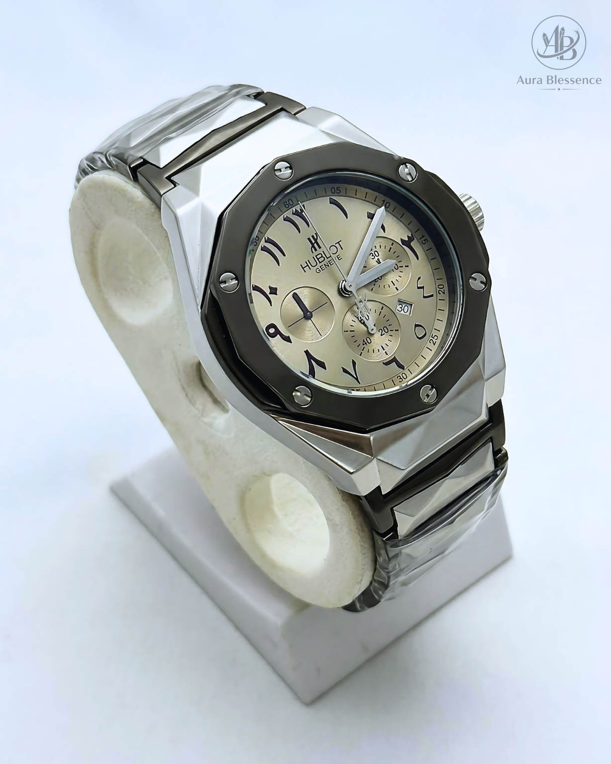 Hublot Style Heavy Weight Luxury Watch – Silver Stainless Steel with Butterfly Lock & Arabic Number Dial