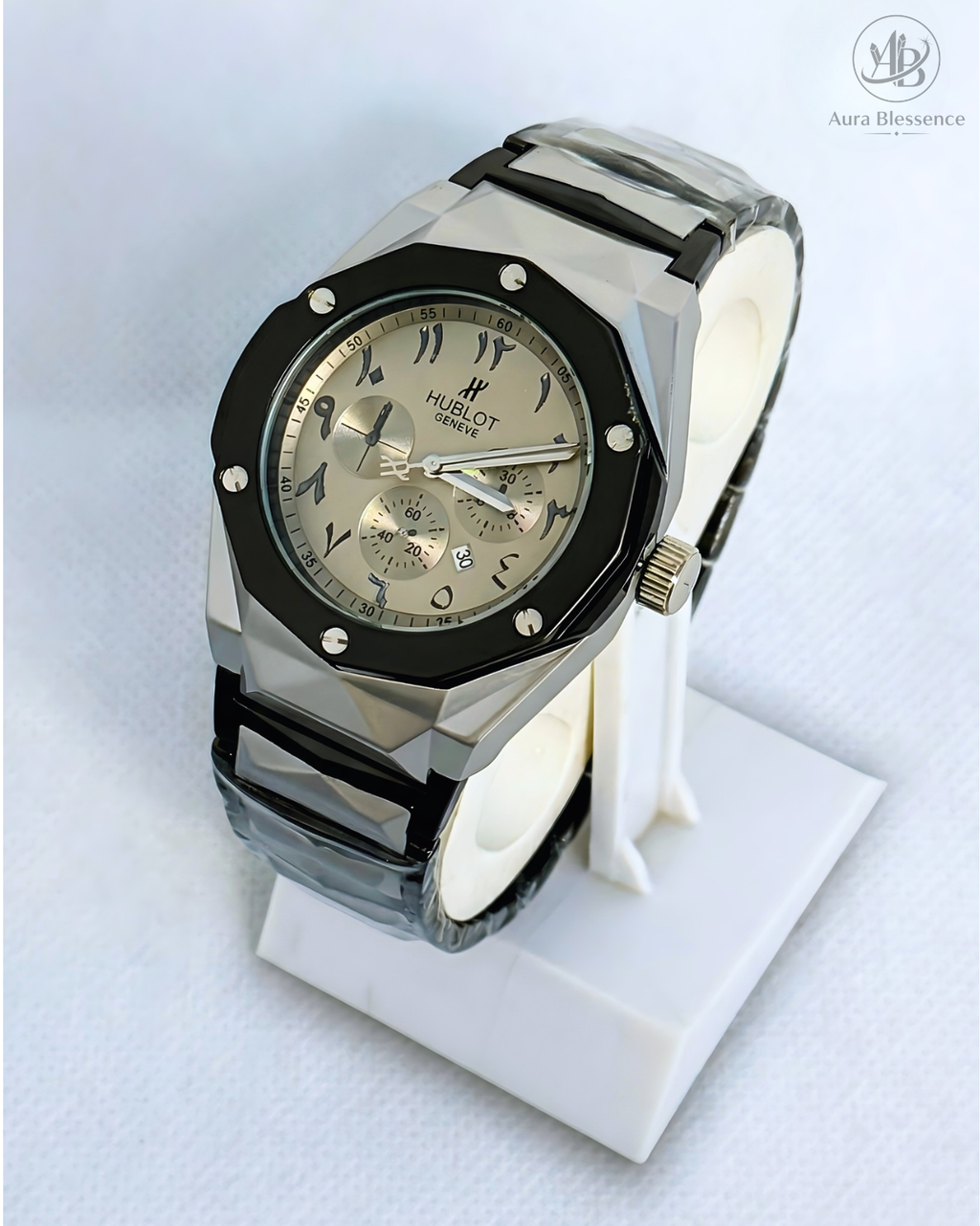 Hublot Style Heavy Weight Luxury Watch – Silver Stainless Steel with Butterfly Lock & Arabic Number Dial