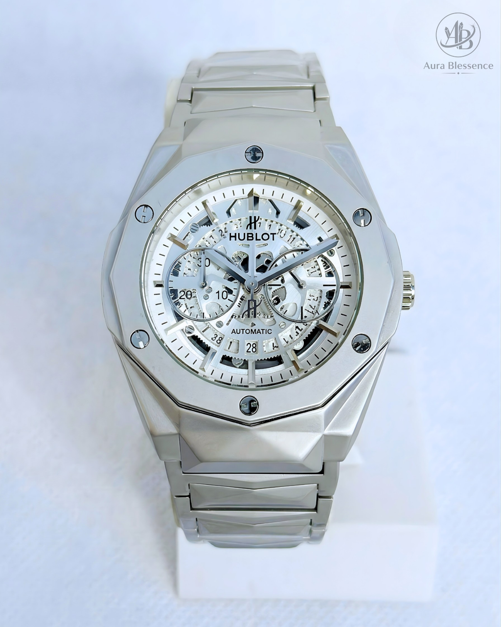 Luxury Hublot Style Silver Skeleton Watch – Heavy Weight Stainless Steel with Butterfly Lock