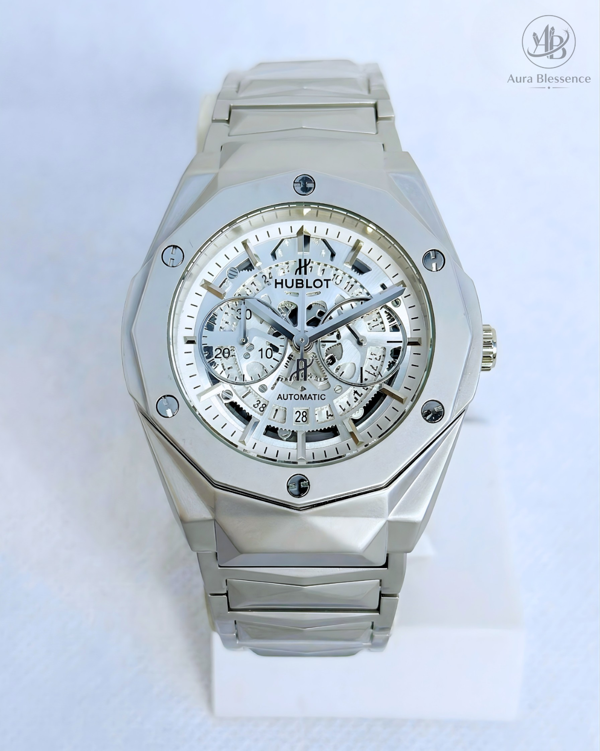 Luxury Hublot Style Silver Skeleton Watch – Heavy Weight Stainless Steel with Butterfly Lock