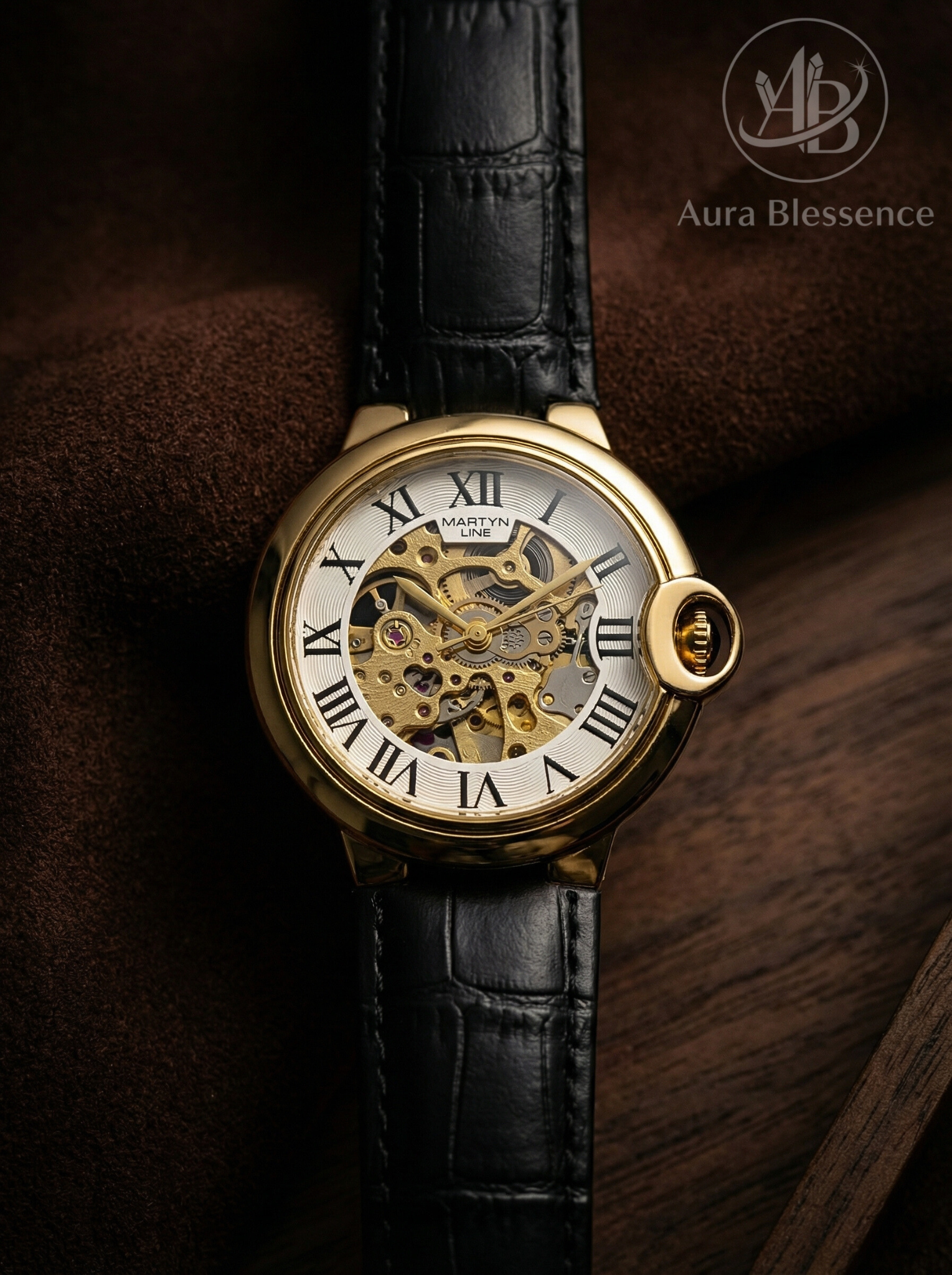 Luxury Mechanical Gold Skeleton Watch with Genuine Alligator Leather & Premium Wood Box