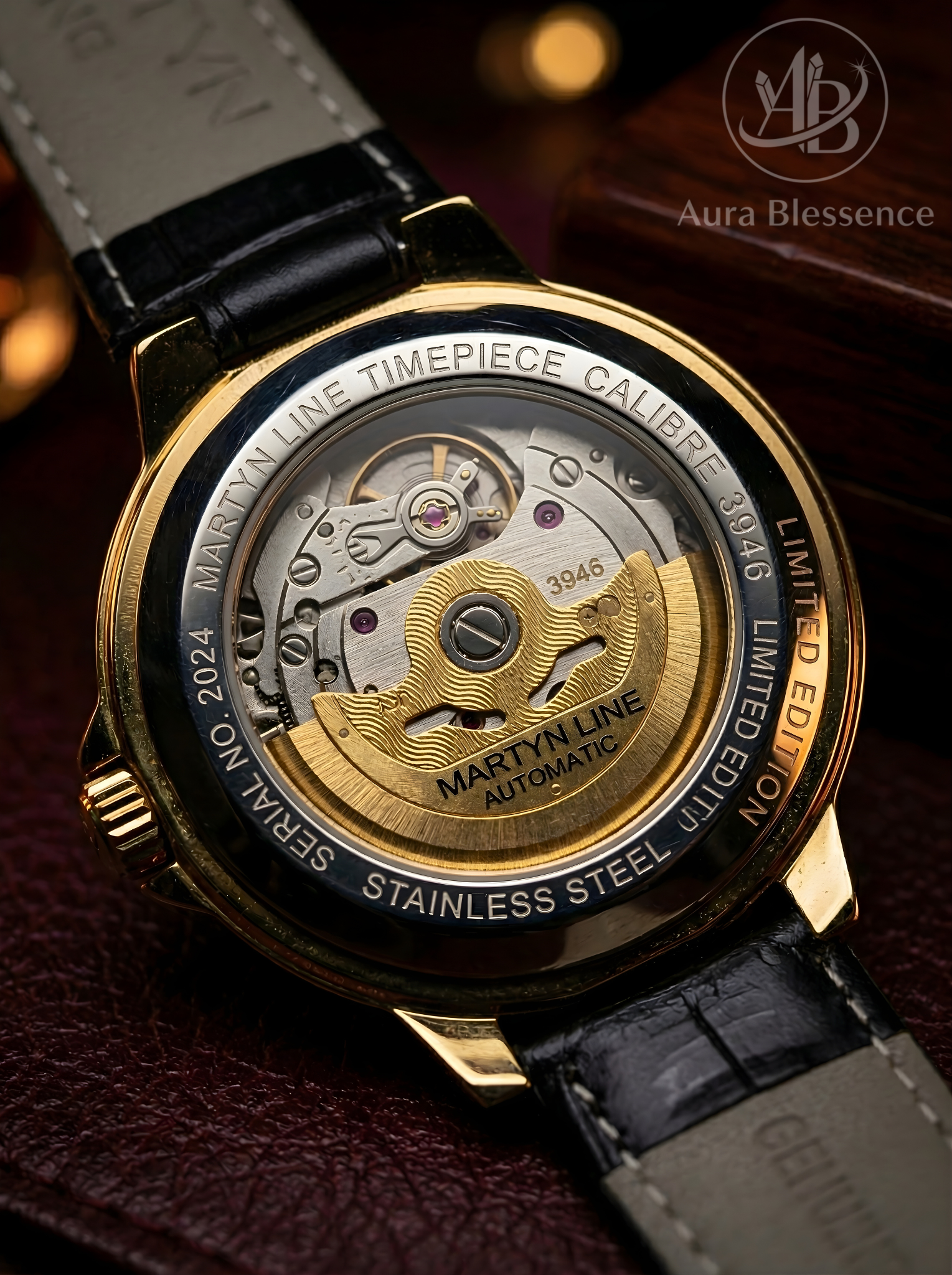 Luxury Mechanical Gold Skeleton Watch with Genuine Alligator Leather & Premium Wood Box