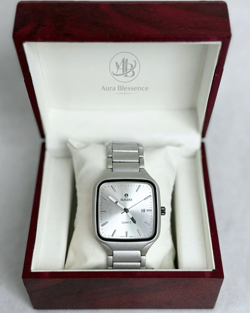Classic Silver Quartz Watch – Stainless Steel Chain (Rado Style)