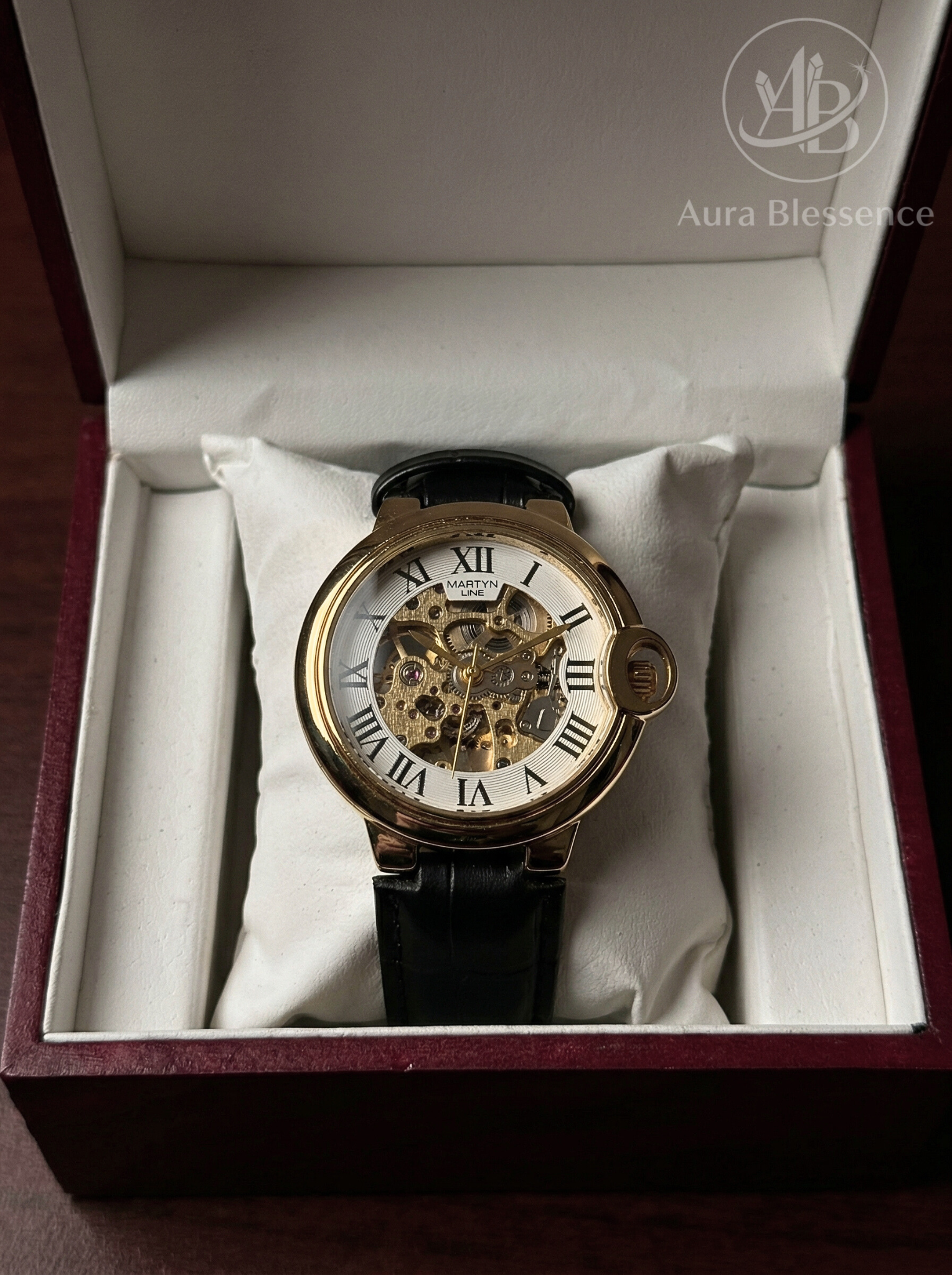 Luxury Mechanical Gold Skeleton Watch with Genuine Alligator Leather & Premium Wood Box