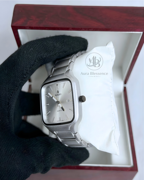 Classic Silver Quartz Watch – Stainless Steel Chain (Rado Style)